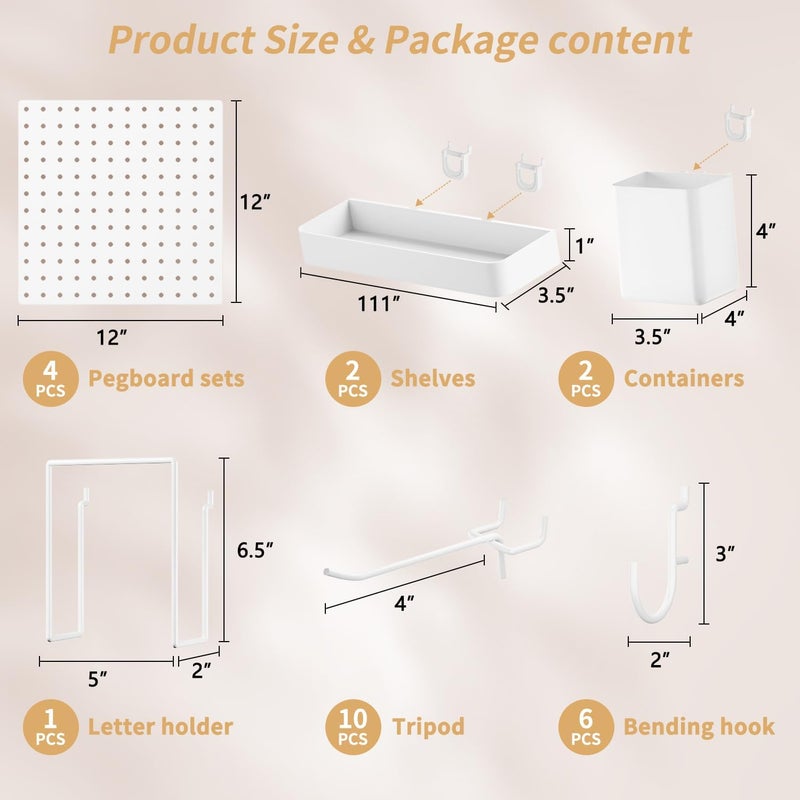 FZK Peg Board,25pcs PegBoard Wall Organizer,Includes 4 White Pegboard and Accessories,Plastic PegBoard for Room,Office, Craft Room,Kitchen and Bathroom - Image 2